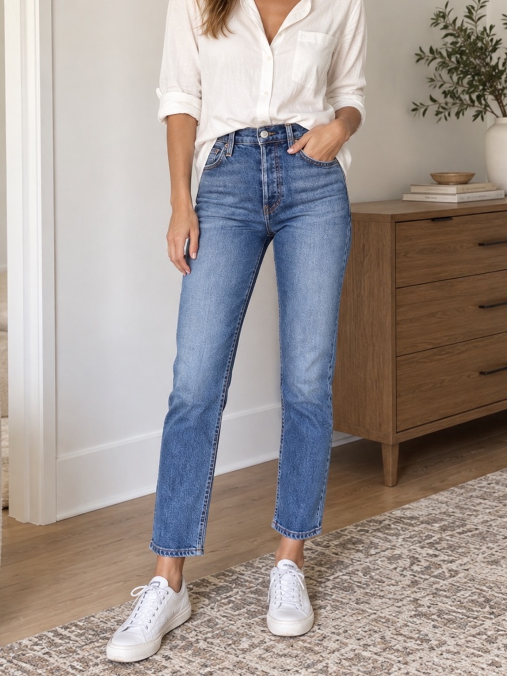RE/DONE Mid 90s High Rise Straight Leg Ankle Crop Stretch Jeans 32 Made USA